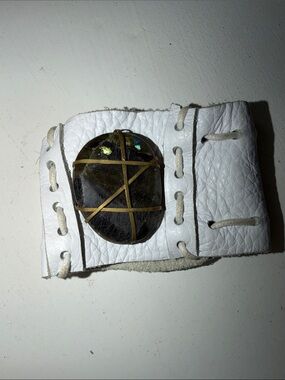 White Leather Wristband Cuff with Dark Stone Accent